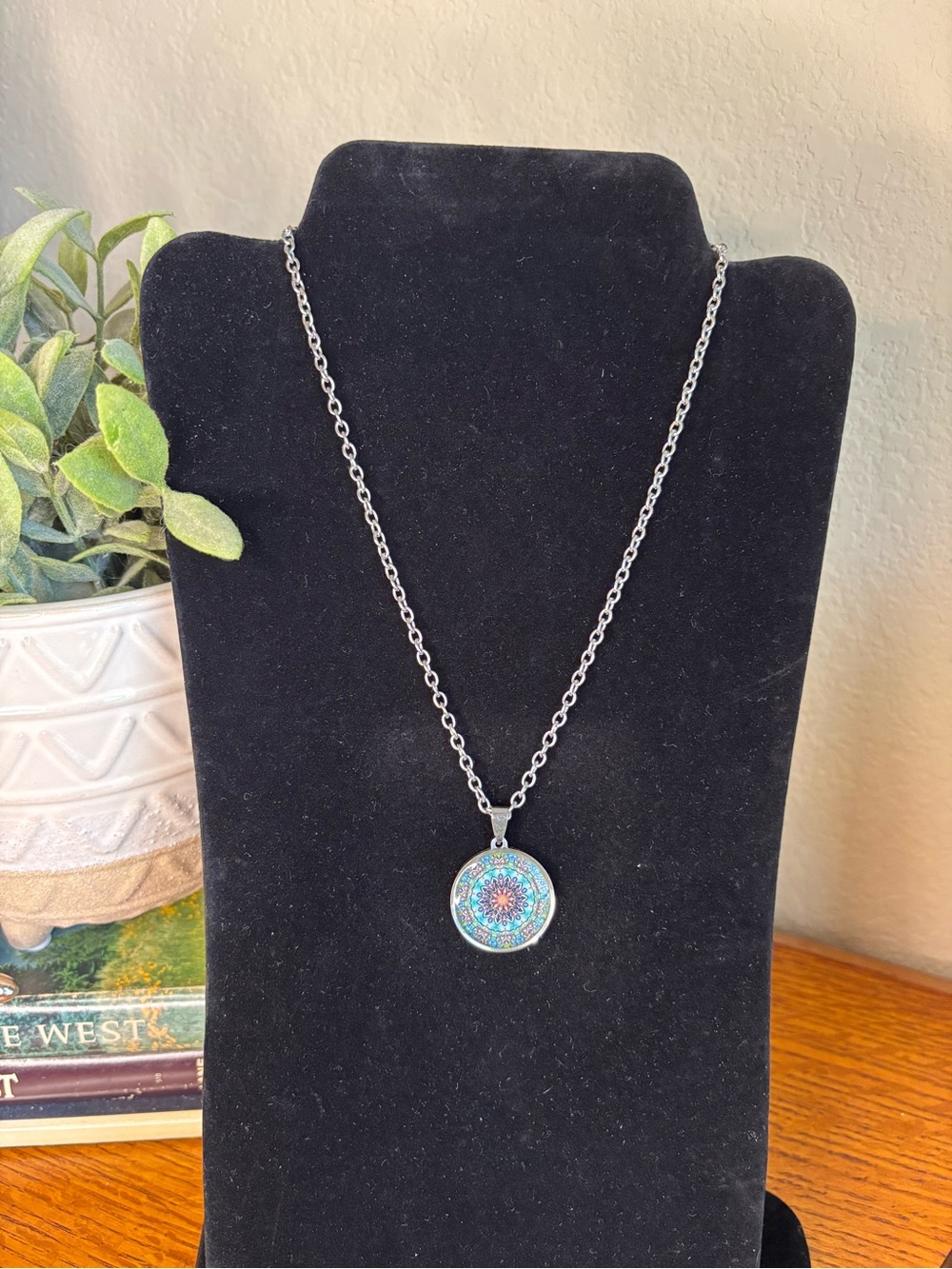 Silver Chain Necklace with Blue/ Turquoise Mandala Pendant